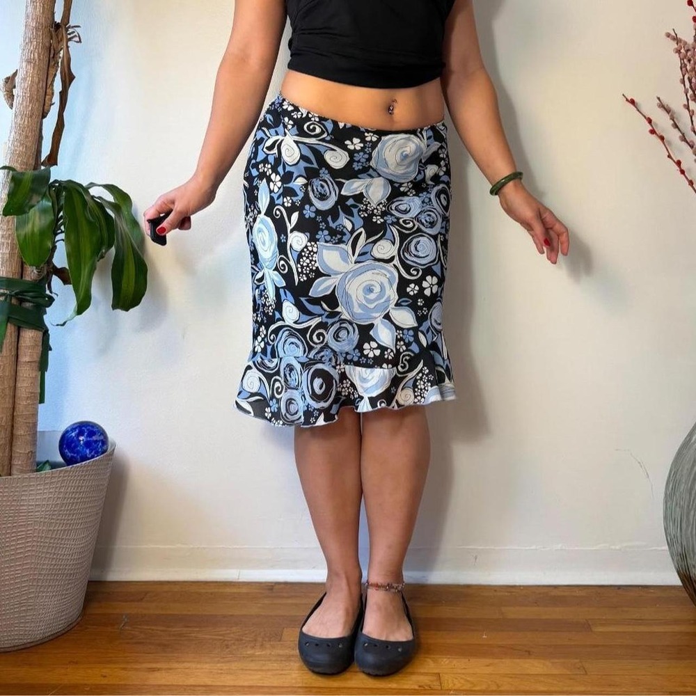 Worthington Blue Spiral Floral Slip Midi Skirt Fairycore Grunge Y2K Size 12
